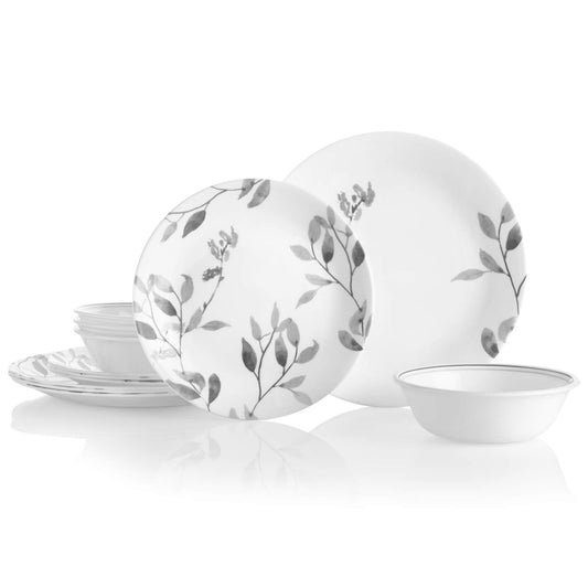 Corelle Boutique Misty Leaves 12 Piece Dinnerware Set for 4, Plates & Bowls